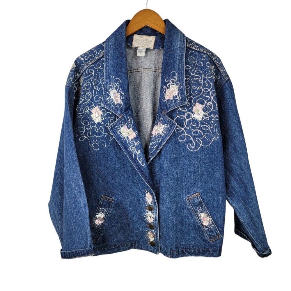 Vintage 80s Denim Jacket Coat Size Small Western bling Cowgirl Puff Paint Womens